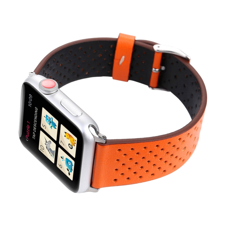 For Apple Watch Ultra 49mm&Watch Ultra 2 49mm / Series 10 46mm / 9&8&7 45mm / SE 3&SE 2&6&SE&5&4 44mm / 3&2&1 42mm Simple Fashion Genuine Leather Hole Pattern Watch Band(Orange) by buy2fix