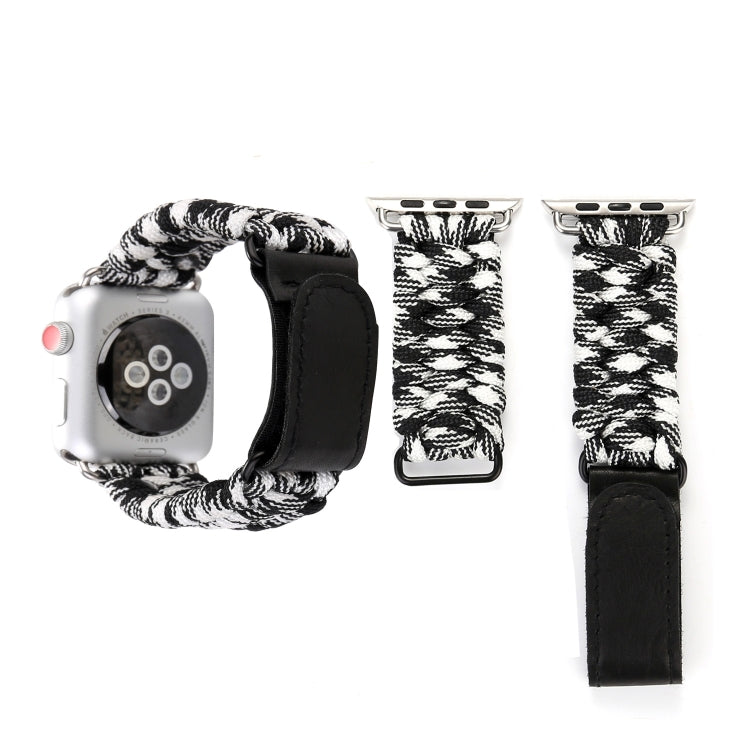 Magic Paste Genuine Leather Umbrella Rope Nylon Wrist Watch Band with and Stainless Steel Buckle for Apple Watch Series 10 42mm / 9&8&7 41mm / SE 3&SE 2&6&SE&5&4 40mm / 3&2&1 38mm(Black White) by buy2fix