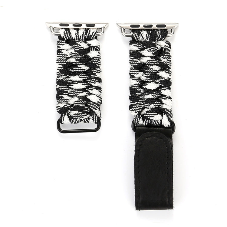 Magic Paste Genuine Leather Umbrella Rope Nylon Wrist Watch Band with and Stainless Steel Buckle for Apple Watch Series 10 42mm / 9&8&7 41mm / SE 3&SE 2&6&SE&5&4 40mm / 3&2&1 38mm(Black White) by buy2fix