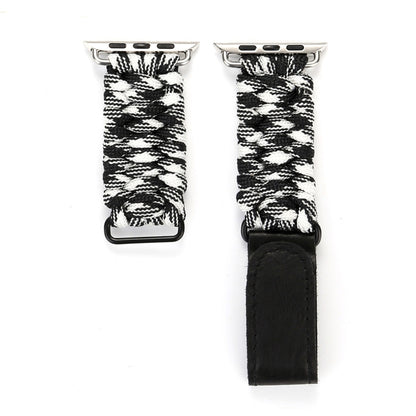 Magic Paste Genuine Leather Umbrella Rope Nylon Wrist Watch Band with and Stainless Steel Buckle for Apple Watch Series 10 42mm / 9&8&7 41mm / SE 3&SE 2&6&SE&5&4 40mm / 3&2&1 38mm(Black White) by buy2fix