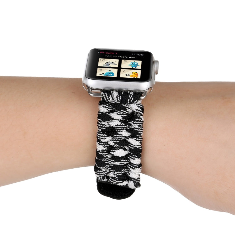 Magic Paste Genuine Leather Umbrella Rope Nylon Wrist Watch Band with and Stainless Steel Buckle for Apple Watch Series 10 42mm / 9&8&7 41mm / SE 3&SE 2&6&SE&5&4 40mm / 3&2&1 38mm(Black White) by buy2fix