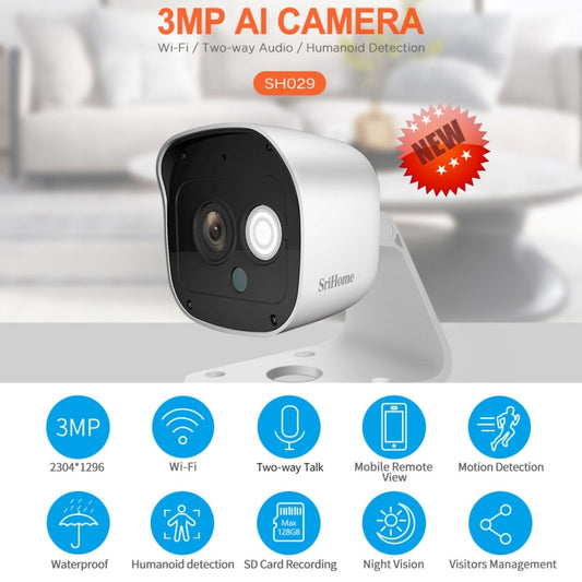 SriHome SH029 3.0 Million Pixels 1296P HD AI Camera, Support Two Way Talk / Motion Detection / Humanoid Detection / Night Vision / TF Card, EU Plug - Wireless Camera by SriHome | Online Shopping UK | buy2fix