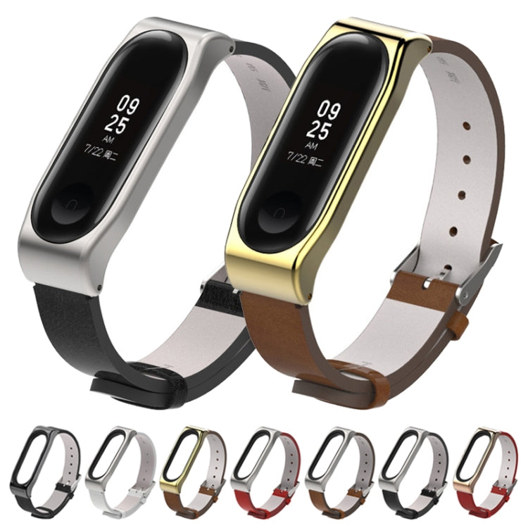 Mijobs Screwless Metal Case PU Leather Watch Band for Xiaomi Mi Band 3 & 4 & 5 & 6, Host not Included - Watch Bands by buy2fix | Online Shopping UK | buy2fix
