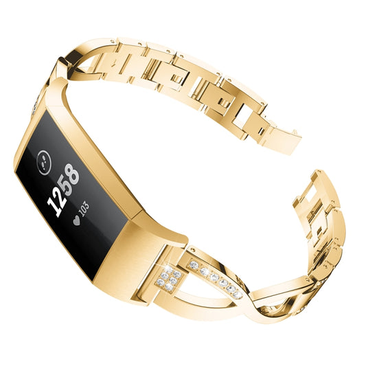 X-shaped Diamond-studded Metal Steel Watch Band for Fitbit Charge 3(Gold) - Watch Bands by buy2fix | Online Shopping UK | buy2fix