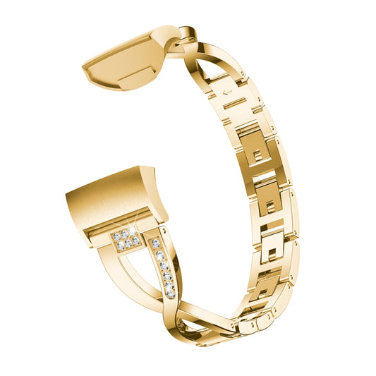 X-shaped Diamond-studded Metal Steel Watch Band for Fitbit Charge 3(Gold) - Watch Bands by buy2fix | Online Shopping UK | buy2fix