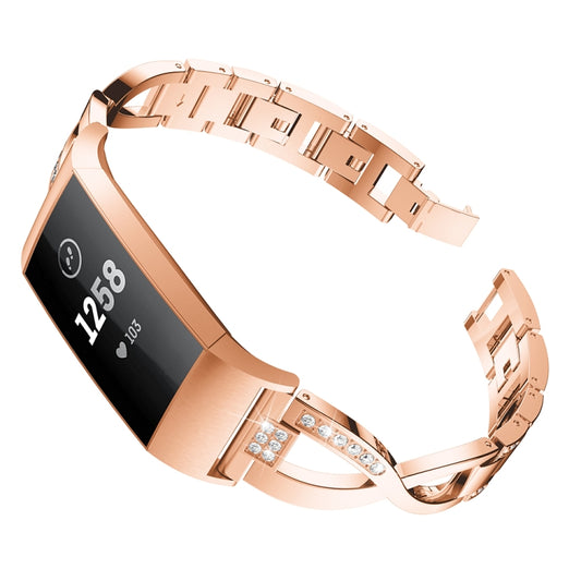 X-shaped Diamond-studded Metal Steel Watch Band for Fitbit Charge 3(Rose Gold) - Watch Bands by buy2fix | Online Shopping UK | buy2fix