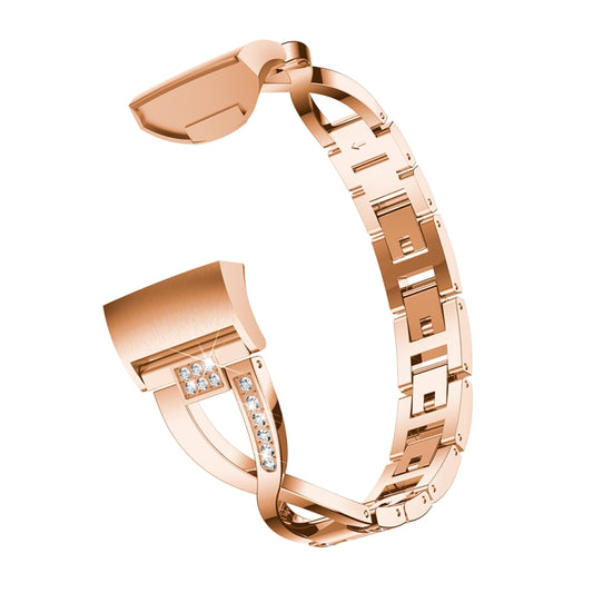 X-shaped Diamond-studded Metal Steel Watch Band for Fitbit Charge 3(Rose Gold) - Watch Bands by buy2fix | Online Shopping UK | buy2fix