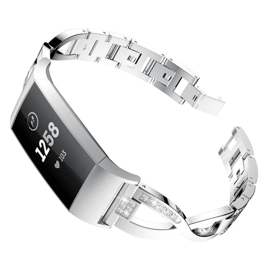 X-shaped Diamond-studded Metal Steel Watch Band for Fitbit Charge 3(Silver) - Watch Bands by buy2fix | Online Shopping UK | buy2fix