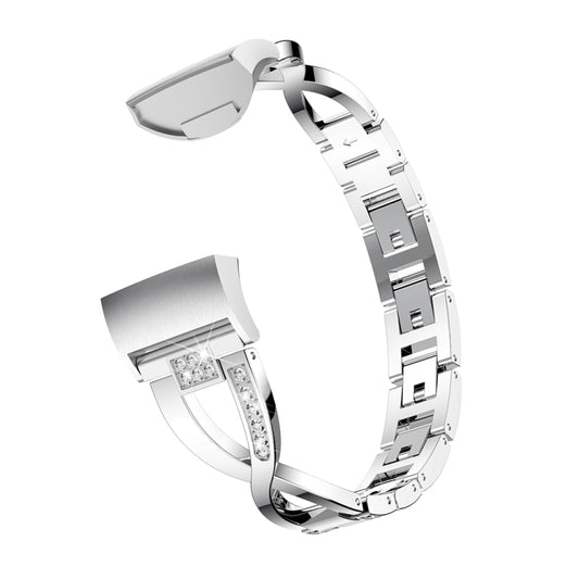X-shaped Diamond-studded Metal Steel Watch Band for Fitbit Charge 3(Silver) - Watch Bands by buy2fix | Online Shopping UK | buy2fix