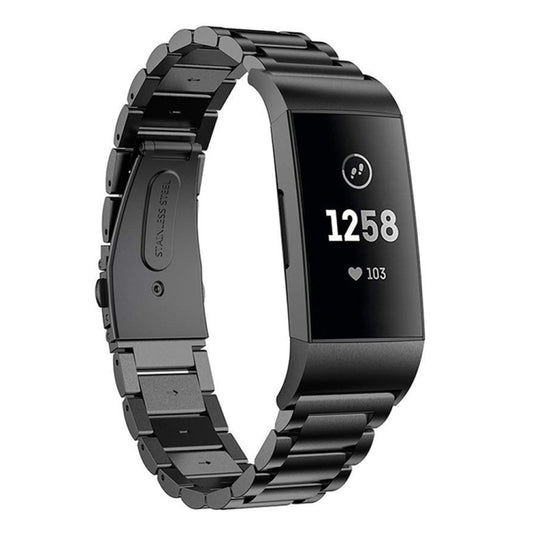 Three Beads Slingshot Buckle Solid Stainless Steel Watch Band for Fitbit Charge 3(Black) - Watch Bands by buy2fix | Online Shopping UK | buy2fix