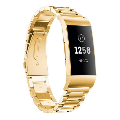 Three Beads Slingshot Buckle Solid Stainless Steel Watch Band for Fitbit Charge 3(Gold) - Watch Bands by buy2fix | Online Shopping UK | buy2fix