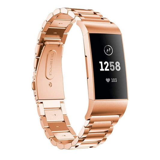 Three Beads Slingshot Buckle Solid Stainless Steel Watch Band for Fitbit Charge 3(Rose Gold) - Watch Bands by buy2fix | Online Shopping UK | buy2fix