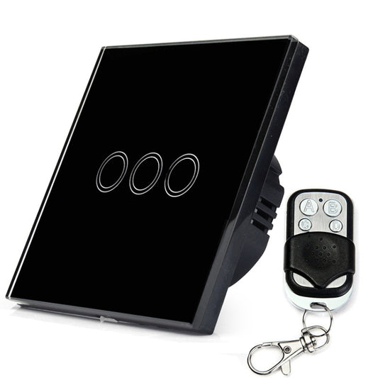 86mm 3 Gang Tempered Glass Panel Wall Switch Smart Home Light Touch Switch with RF433 Remote Controller, AC 110V-240V(Black) - Smart Switch by buy2fix | Online Shopping UK | buy2fix