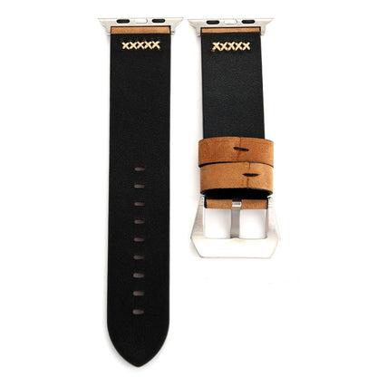 For Apple Watch Ultra 49mm&Watch Ultra 2 49mm / Series 10 46mm / 9&8&7 45mm / SE 3&SE 2&6&SE&5&4 44mm / 3&2&1 42mm Retro XX Line Pattern Genuine Leather Wrist Watch Band(Khaki) - Watch Bands by buy2fix | Online Shopping UK | buy2fix