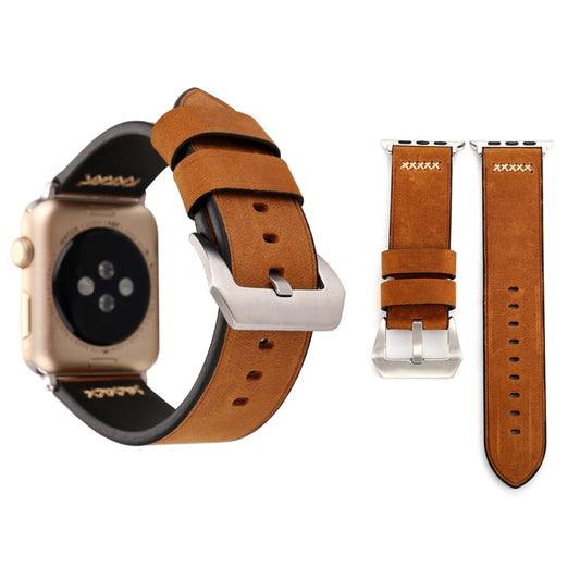 For Apple Watch Ultra 49mm&Watch Ultra 2 49mm / Series 10 46mm / 9&8&7 45mm / SE 3&SE 2&6&SE&5&4 44mm / 3&2&1 42mm Retro XX Line Pattern Genuine Leather Wrist Watch Band(Brown) - Watch Bands by buy2fix | Online Shopping UK | buy2fix
