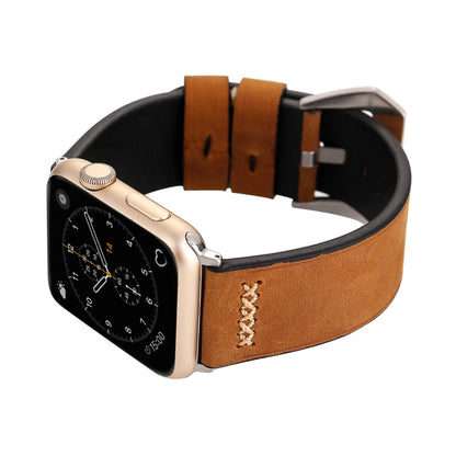 For Apple Watch Ultra 49mm&Watch Ultra 2 49mm / Series 10 46mm / 9&8&7 45mm / SE 3&SE 2&6&SE&5&4 44mm / 3&2&1 42mm Retro XX Line Pattern Genuine Leather Wrist Watch Band(Brown) - Watch Bands by buy2fix | Online Shopping UK | buy2fix