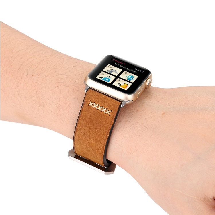 For Apple Watch Ultra 49mm&Watch Ultra 2 49mm / Series 10 46mm / 9&8&7 45mm / SE 3&SE 2&6&SE&5&4 44mm / 3&2&1 42mm Retro XX Line Pattern Genuine Leather Wrist Watch Band(Brown) - Watch Bands by buy2fix | Online Shopping UK | buy2fix