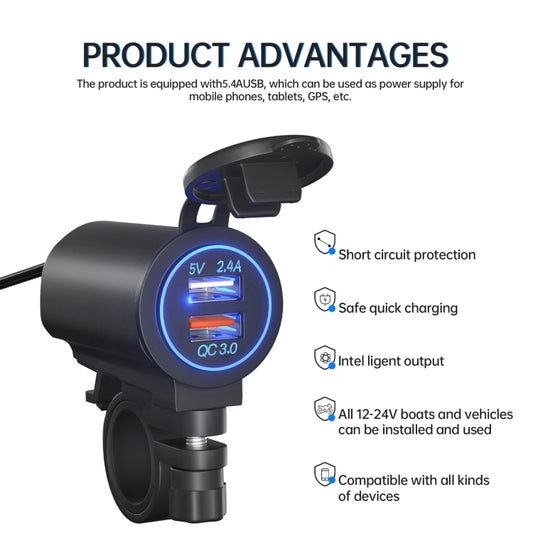 ZH-723F1 Car / Motorcycle QC3.0 Cell Phone Fast Charging Dual USB Car Charger(Blue Light) - DIY Modified Charger by buy2fix | Online Shopping UK | buy2fix
