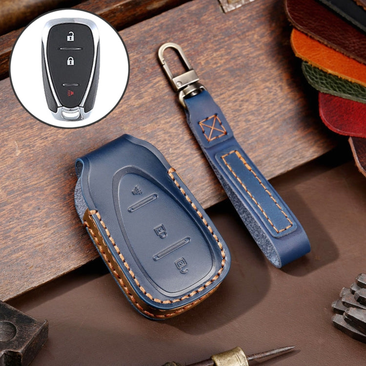For Chevrolet 3-button Hallmo Car Cowhide Leather Key Protective Cover Key Case(Blue) - Car Key Cases by Hallmo | Online Shopping UK | buy2fix