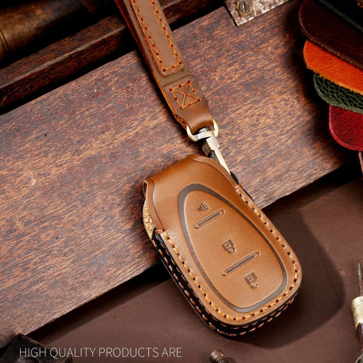 For Chevrolet 3-button Hallmo Car Cowhide Leather Key Protective Cover Key Case(Brown) - Car Key Cases by Hallmo | Online Shopping UK | buy2fix