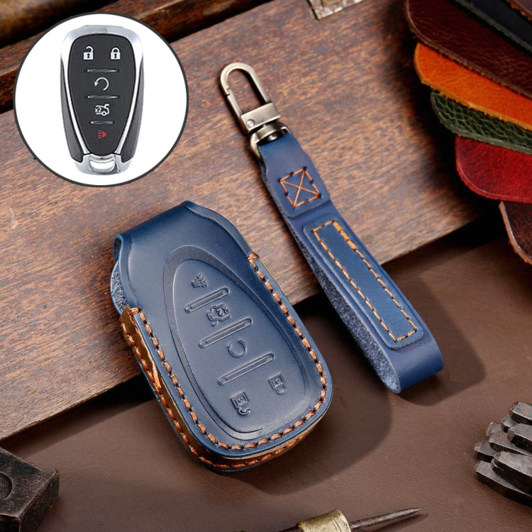 For Chevrolet 5-button Hallmo Car Cowhide Leather Key Protective Cover Key Case(Blue) - Car Key Cases by Hallmo | Online Shopping UK | buy2fix