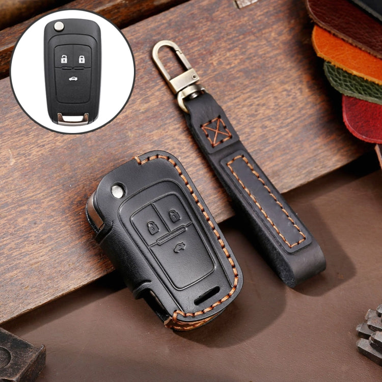 For Chevrolet Folding Hallmo Car Cowhide Leather Key Protective Cover Key Case(Black) - Car Key Cases by Hallmo | Online Shopping UK | buy2fix