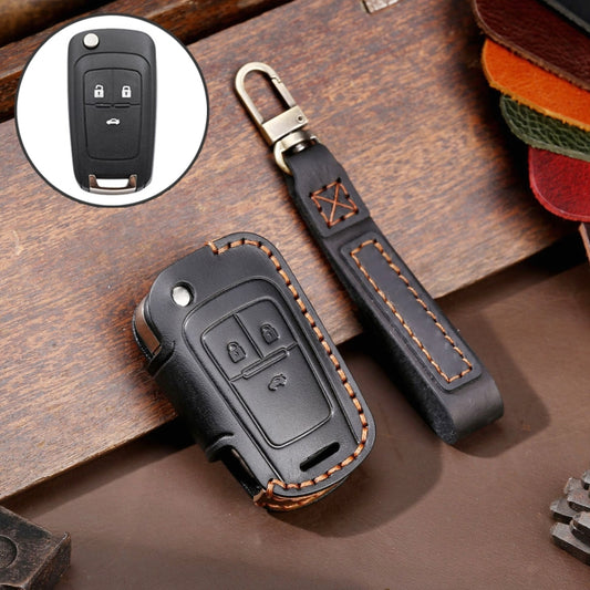 For Chevrolet Folding Hallmo Car Cowhide Leather Key Protective Cover Key Case(Black) - Car Key Cases by Hallmo | Online Shopping UK | buy2fix