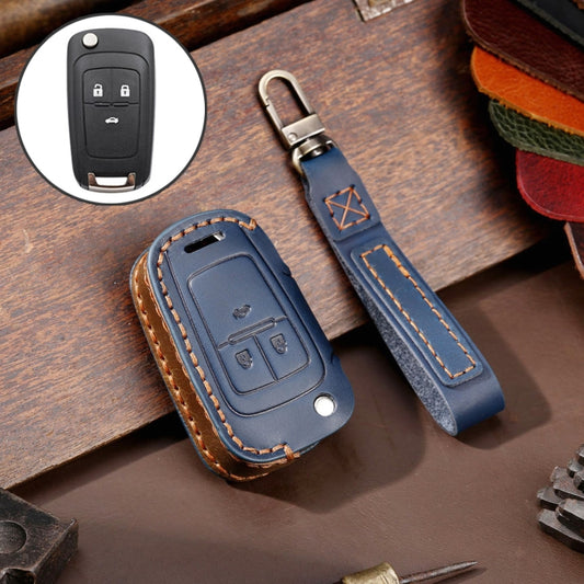 For Chevrolet Folding Hallmo Car Cowhide Leather Key Protective Cover Key Case(Blue) - Car Key Cases by Hallmo | Online Shopping UK | buy2fix