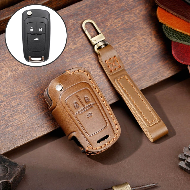 For Chevrolet Folding Hallmo Car Cowhide Leather Key Protective Cover Key Case(Brown) - Car Key Cases by Hallmo | Online Shopping UK | buy2fix