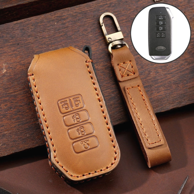 For Kia 5-button Hallmo Car Cowhide Leather Key Protective Cover Key Case(Brown) - Car Key Cases by Hallmo | Online Shopping UK | buy2fix
