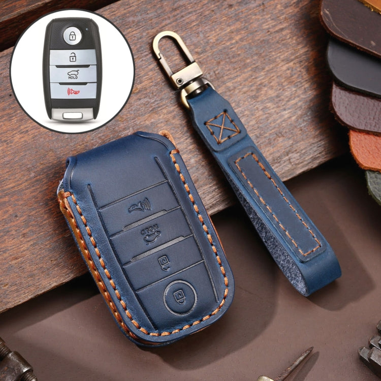 For Kia C133 4-button Hallmo Car Cowhide Leather Key Protective Cover Key Case(Blue) - Car Key Cases by Hallmo | Online Shopping UK | buy2fix