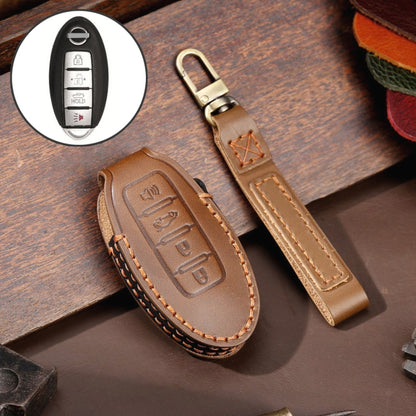 For Nissan 4-button Horn Hallmo Car Cowhide Leather Key Protective Cover Key Case(Brown) - Car Key Cases by Hallmo | Online Shopping UK | buy2fix