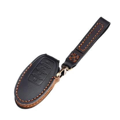 For Nissan 4-button Horn Hallmo Car Cowhide Leather Key Protective Cover Key Case(Black) - Car Key Cases by Hallmo | Online Shopping UK | buy2fix