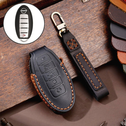 For Nissan 5-button Horn Hallmo Car Cowhide Leather Key Protective Cover Key Case(Black) - Car Key Cases by Hallmo | Online Shopping UK | buy2fix