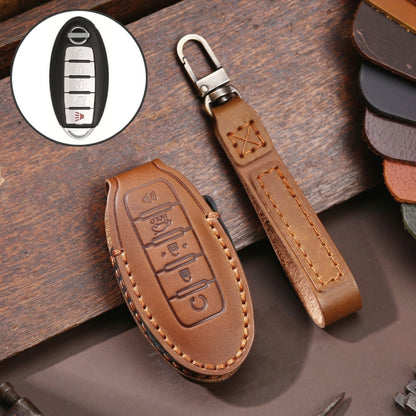 For Nissan 5-button Horn Hallmo Car Cowhide Leather Key Protective Cover Key Case(Brown) - Car Key Cases by Hallmo | Online Shopping UK | buy2fix