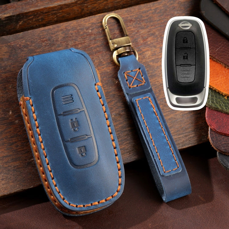 For Nissan Teana / Ariya 2-button Hallmo Car Cowhide Leather Key Protective Cover Key Case(Blue) - Car Key Cases by Hallmo | Online Shopping UK | buy2fix
