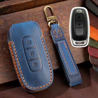 For Nissan Teana / Ariya 2-button Hallmo Car Cowhide Leather Key Protective Cover Key Case(Blue) - Car Key Cases by Hallmo | Online Shopping UK | buy2fix