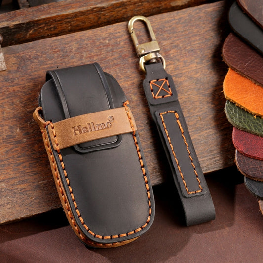 For Nissan Teana / Ariya 3-button Horn Hallmo Car Cowhide Leather Key Protective Cover Key Case(Black) - Car Key Cases by Hallmo | Online Shopping UK | buy2fix
