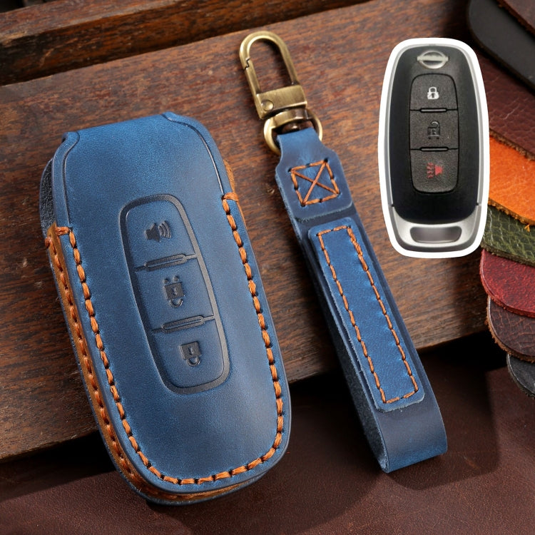 For Nissan Teana / Ariya 3-button Horn Hallmo Car Cowhide Leather Key Protective Cover Key Case(Blue) - Car Key Cases by Hallmo | Online Shopping UK | buy2fix
