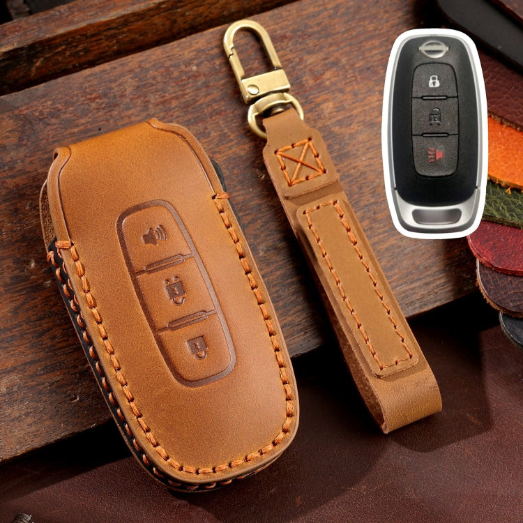 For Nissan Teana / Ariya 3-button Horn Hallmo Car Cowhide Leather Key Protective Cover Key Case(Brown) - Car Key Cases by Hallmo | Online Shopping UK | buy2fix