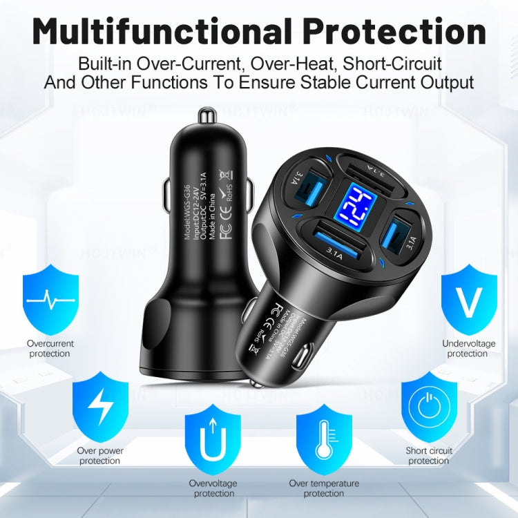 WGS-G36 3.1A 4 in 1 Digital Display Car Charger with Voltmeter (Black) - Car Charger by buy2fix | Online Shopping UK | buy2fix