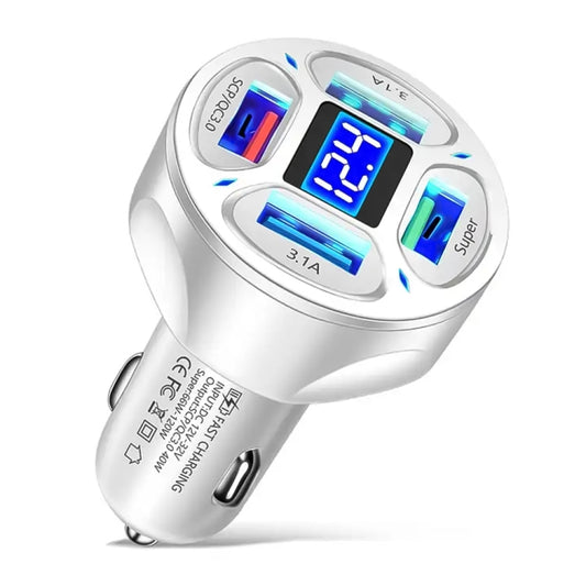 66W 4 in 1 Digital Display Fast Charging Car Charger with Voltmeter (White) - Car Charger by buy2fix | Online Shopping UK | buy2fix
