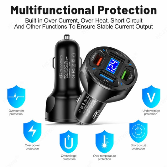 66W 4 in 1 Digital Display Fast Charging Car Charger with Voltmeter (Black) - Car Charger by buy2fix | Online Shopping UK | buy2fix