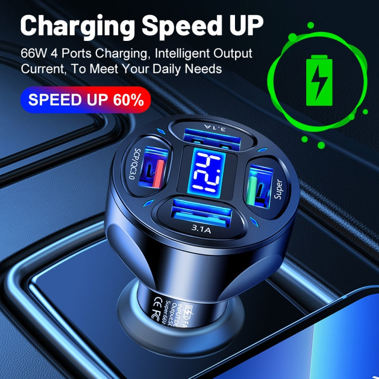 66W 4 in 1 Digital Display Fast Charging Car Charger with Voltmeter (White) - Car Charger by buy2fix | Online Shopping UK | buy2fix