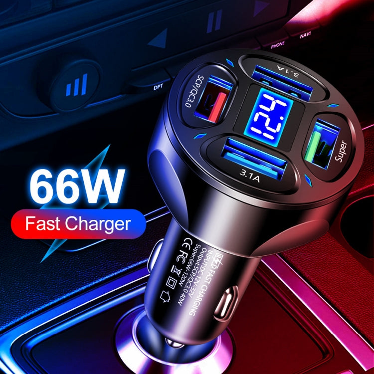66W 4 in 1 Digital Display Fast Charging Car Charger with Voltmeter (White) - Car Charger by buy2fix | Online Shopping UK | buy2fix