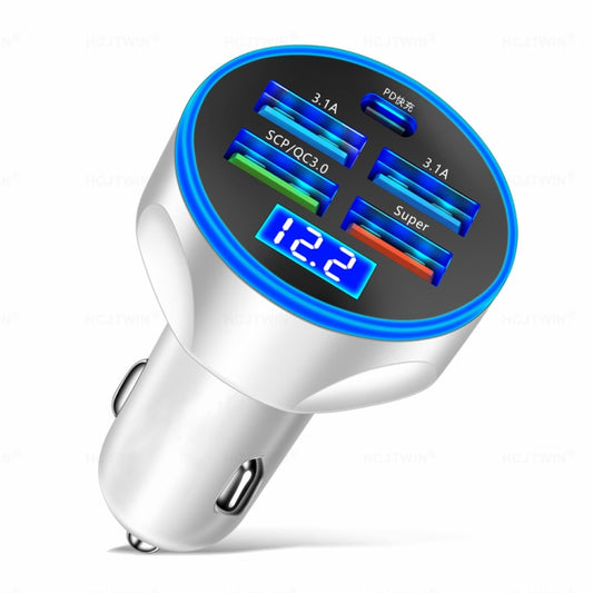 WGS-G37 5 in 1 Digital Display Super Fast Charging Car Charger with Voltmeter (White) - Car Charger by buy2fix | Online Shopping UK | buy2fix
