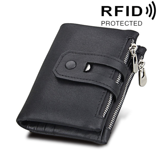 Genuine Cowhide Leather Crazy Horse Texture Zipper 3-folding Card Holder Wallet RFID Blocking Coin Purse Card Bag Protect Case for Men, Size: 12*9.5*3.5cm(Black) - Antimagnetic RFID Package by buy2fix | Online Shopping UK | buy2fix