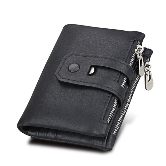 Genuine Cowhide Leather Crazy Horse Texture Zipper 3-folding Card Holder Wallet RFID Blocking Coin Purse Card Bag Protect Case for Men, Size: 12*9.5*3.5cm(Black) - Antimagnetic RFID Package by buy2fix | Online Shopping UK | buy2fix