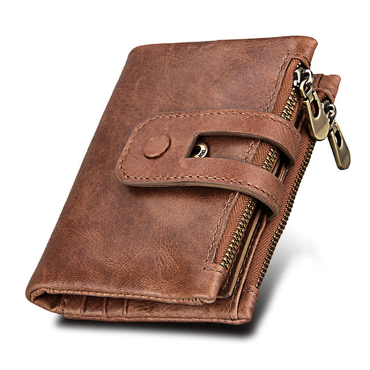 Genuine Cowhide Leather Crazy Horse Texture Zipper 3-folding Card Holder Wallet RFID Blocking Coin Purse Card Bag Protect Case for Men, Size: 12*9.5*3.5cm(Taupe) - Antimagnetic RFID Package by buy2fix | Online Shopping UK | buy2fix