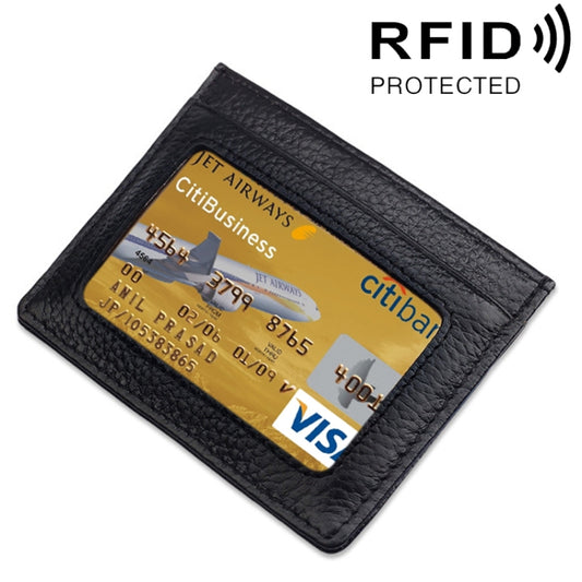 Cowhide Leather Litchi Texture Open Type Solid Color Card Holder RFID Blocking Card Bag Protective Case(Black) - Antimagnetic RFID Package by buy2fix | Online Shopping UK | buy2fix